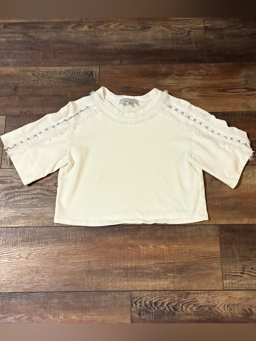 3.1 Phillip Lim White Short Sleeve Studded Crop Top with Frayed Trim